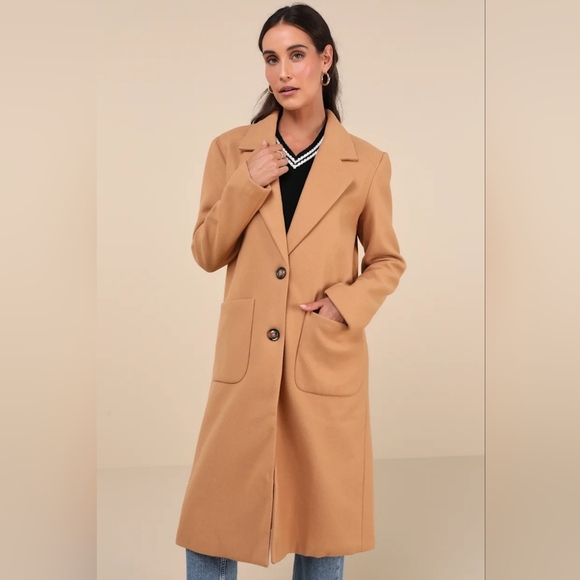 NWT Lulu's Style Squad Tan Long Coat with Classic Tailored Style - Picture 3 of 7